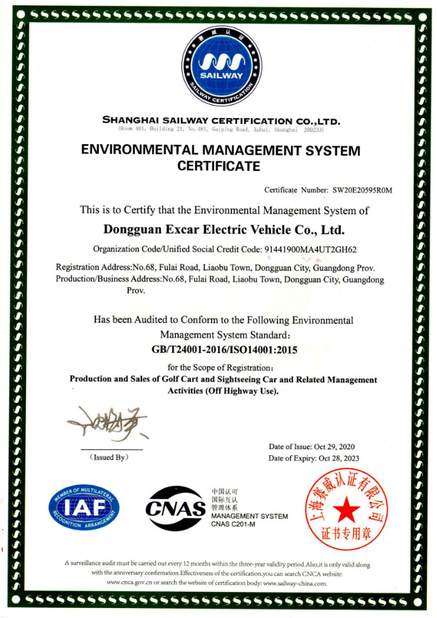 Cina Dongguan Excar Electric Vehicle Co., Ltd Sertifikasi